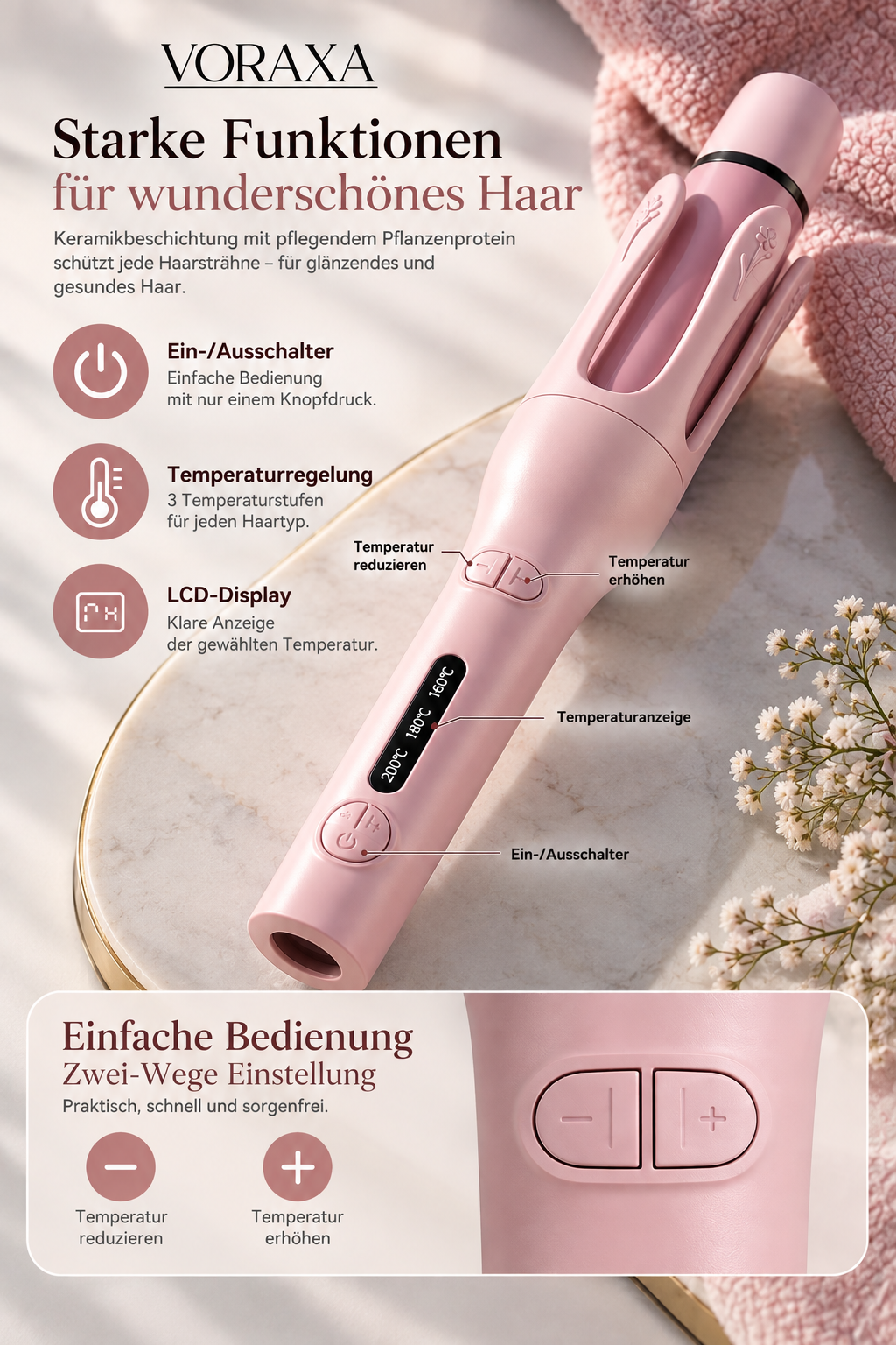 Bedienung und Temperaturregelung des 2-in-1 Haarstylers
